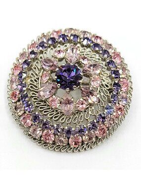 Austria Silvertone Pink Purple Rhinestone Domed Filigree Brooch